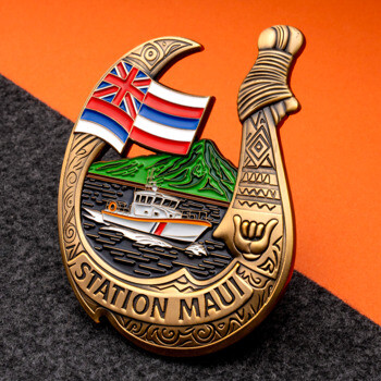 US Coast Guard Station Maui fishhook challenge coin with Hawaiian flag and patrol boat