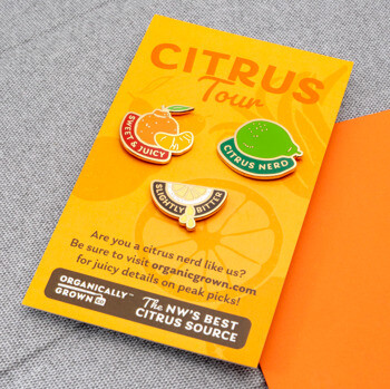 Citrus Tour enamel lapel pin set featuring orange, lime, and lemon fruit designs mounted on a bright yellow backing card.