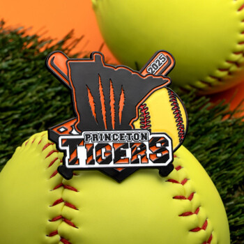 Soft enamel lapel pin for Princeton Tigers featuring a 2025 softball theme with Minnesota state outline, bats, and softballs on grass.