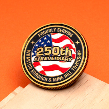 Circular challenge coin for the 250th Anniversary of Wharton Borough & Mine Hill Township featuring an American flag design.
