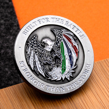 Circular challenge coin featuring an eagle with American flag wings and the text Built for the Battle Stronger Than the Storm.