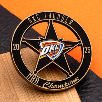 Gold and black OKC Thunder NBA Champions 2025 challenge coin featuring a central star and team logo.