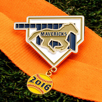 Gold-trimmed baseball home plate lapel pin featuring a running horse with 'Mavericks' text and a dangling yellow softball charm dated 2016.
