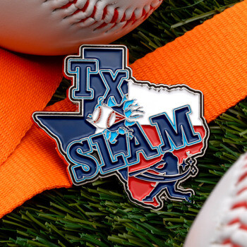 Texas-shaped lapel pin featuring the text TX SLAM with a baseball and batter silhouette on turf next to baseballs.