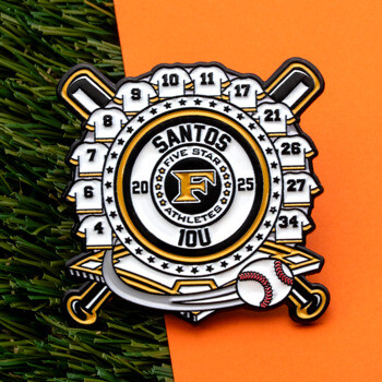 Soft enamel lapel pin for Santos Five Star Athletes 10U baseball featuring crossed bats, jerseys with player numbers, and a baseball on turf.