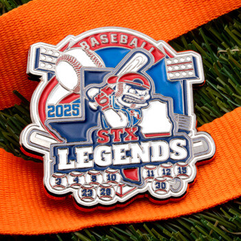 Custom baseball tournament medal featuring a player mascot, Texas state outline, and 2025 STX Legends text on an orange ribbon.