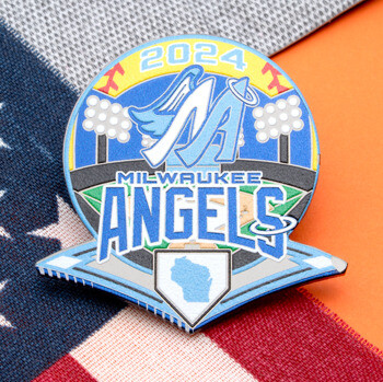 Soft enamel lapel pin for the 2024 Milwaukee Angels featuring a baseball stadium design and winged logo over a flag background.