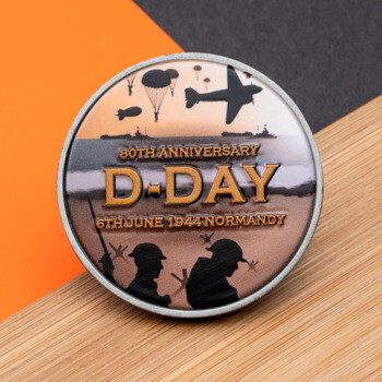 Circular challenge coin featuring an 80th Anniversary D-Day Normandy design with paratroopers, planes, and soldier silhouettes.