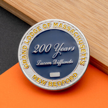 Grand Lodge of Massachusetts New Bedford 200 Years challenge coin with blue enamel and silver plating.