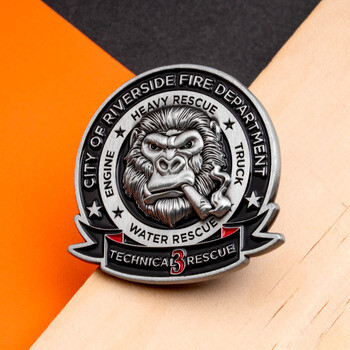 City of Riverside Fire Department technical rescue lapel pin featuring a cigar-smoking gorilla emblem in antique silver finish.